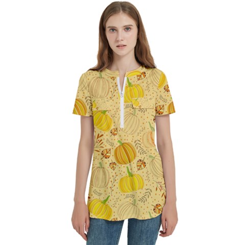 Pumpkins Autumn Fall Harvest Women s Zip Front V-neck Short Sleeve Casual Top Pocket Shirt by Apenda