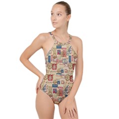 Letters Writing Paper Text Pattern High Neck One Piece Swimsuit