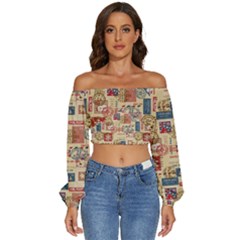 Letters Writing Paper Text Pattern Long Sleeve Crinkled Weave Crop Top