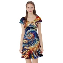 Colorful Motion Abstract Art Short Sleeve Skater Dress by ExtraGoodSauce