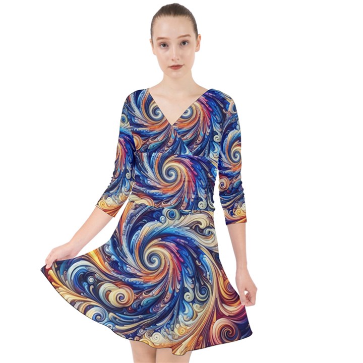 Colorful Motion Abstract Art Quarter Sleeve Front Wrap Dress