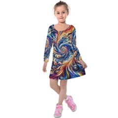 Colorful Motion Abstract Art Kids  Long Sleeve Velvet Dress