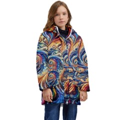 Colorful Motion Abstract Art Kids  Hooded Longline Puffer Jacket