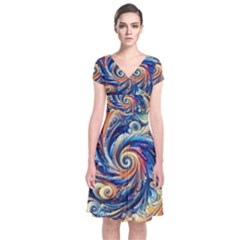 Colorful Motion Abstract Art Short Sleeve Front Wrap Dress