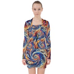 Colorful Motion Abstract Art V-neck Bodycon Long Sleeve Dress by ExtraGoodSauce