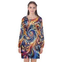 Colorful Motion Abstract Art Long Sleeve Chiffon Shift Dress 