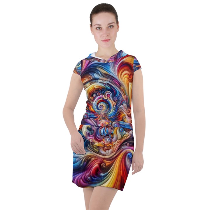 Dynamic Color Vortex Drawstring Hooded Dress