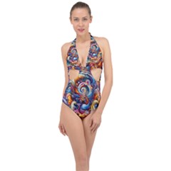 Dynamic Color Vortex Halter Front Plunge Swimsuit by ExtraGoodSauce