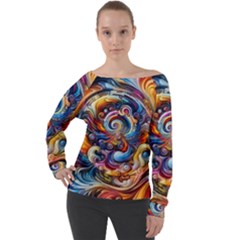 Dynamic Color Vortex Off Shoulder Long Sleeve Velour Top by ExtraAwesomeSauce