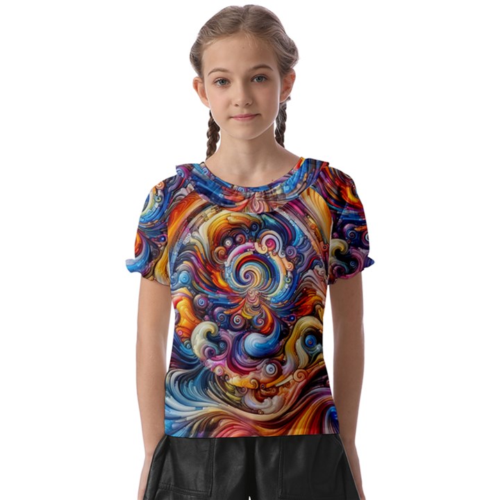 Dynamic Color Vortex Kids  Frill Chiffon Blouse