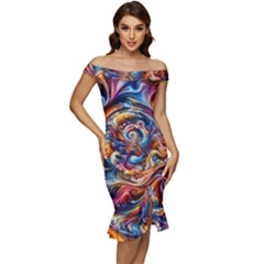 Dynamic Color Vortex Off Shoulder Ruffle Split Hem Bodycon Dress