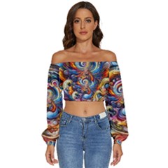 Dynamic Color Vortex Long Sleeve Crinkled Weave Crop Top by ExtraGoodSauce