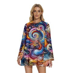 Dynamic Color Vortex Round Neck Long Sleeve Bohemian Style Chiffon Mini Dress by ExtraGoodSauce