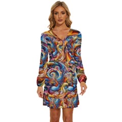 Dynamic Color Vortex Long Sleeve Waist Tie Ruffle Velvet Dress by ExtraGoodSauce