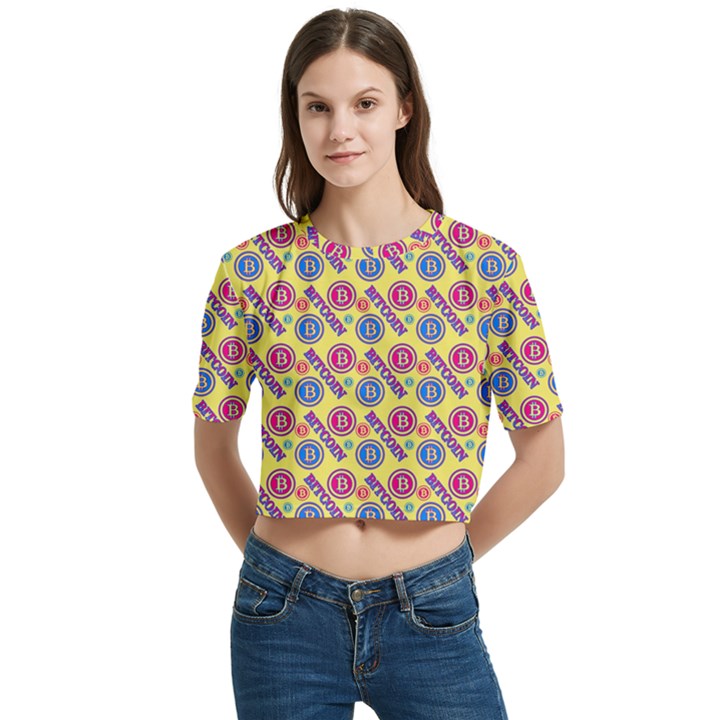 Colorful Bitcoin Pattern Women s Round Neck Short Sleeve Crop Top