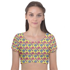 Colorful Bitcoin Pattern Velvet Short Sleeve Crop Top 