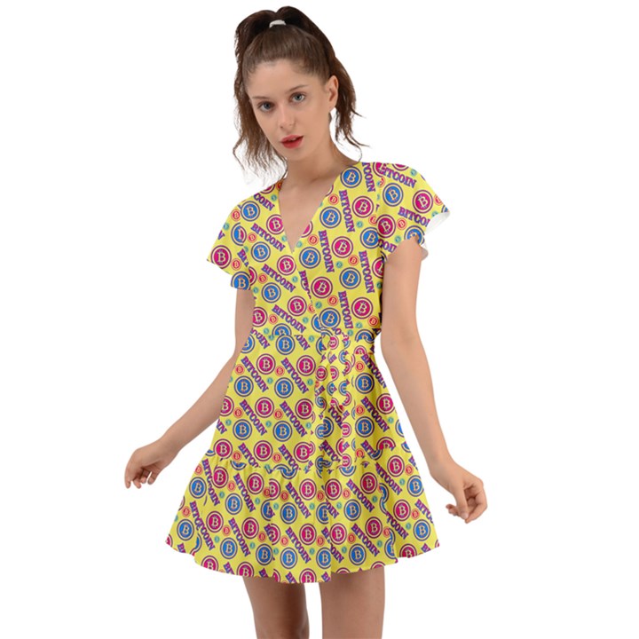 Colorful Bitcoin Pattern Flutter Sleeve Wrap Dress