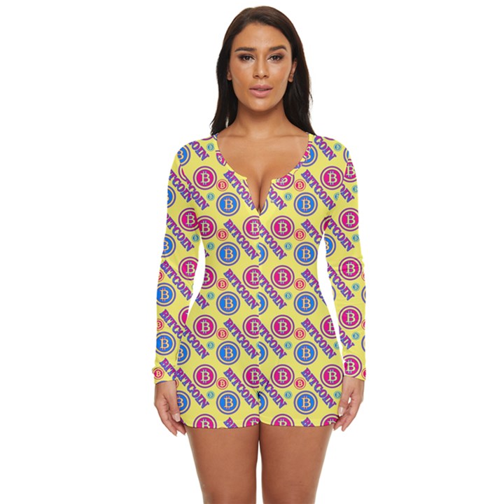 Colorful Bitcoin Pattern Long Sleeve Boyleg Swimsuit