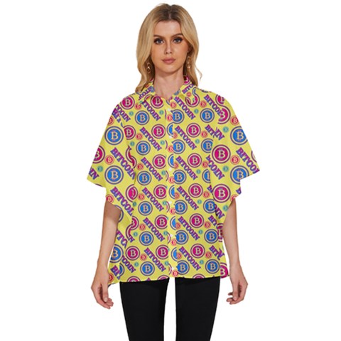 Colorful Bitcoin Pattern Women s Batwing Button Up Shirt by ExtraGoodSauce