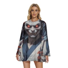 Demon Samurai Round Neck Long Sleeve Bohemian Style Chiffon Mini Dress