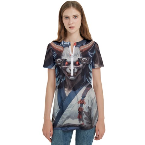 Demon Samurai Women s Zip Front V-neck Short Sleeve Casual Top Pocket Shirt by AwesomeSauce