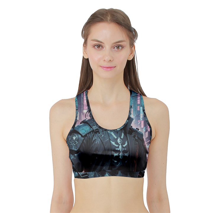 Cyberpunk Demon Samurai Sports Bra with Border