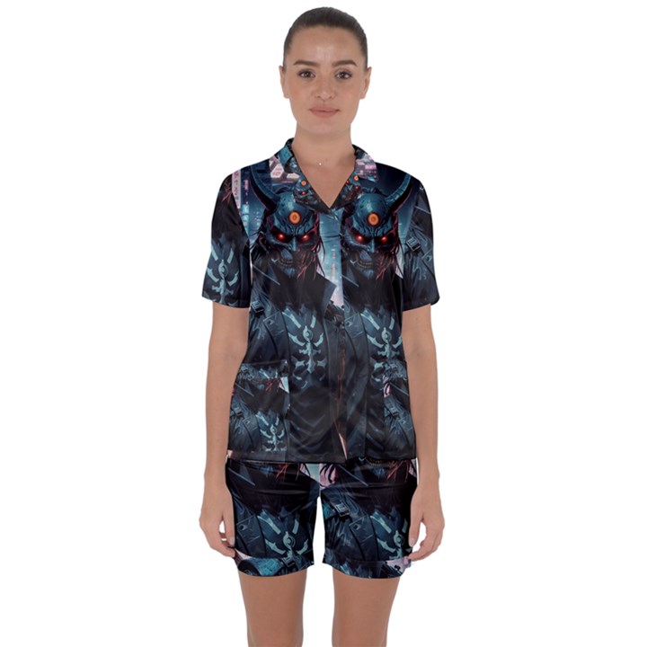 Cyberpunk Demon Samurai Satin Short Sleeve Pajamas Set