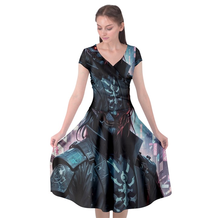 Cyberpunk Demon Samurai Cap Sleeve Wrap Front Dress