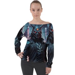 Cyberpunk Demon Samurai Off Shoulder Long Sleeve Velour Top