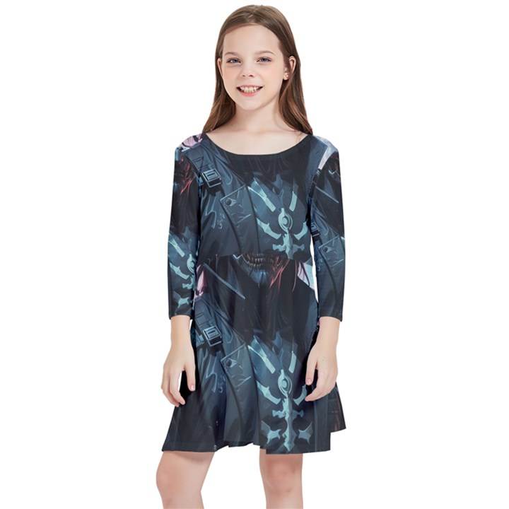 Cyberpunk Demon Samurai Kids  Quarter Sleeve Skater Dress