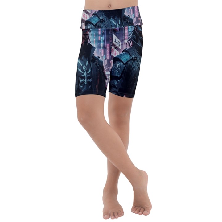 Cyberpunk Demon Samurai Kids  Lightweight Velour Cropped Yoga Leggings