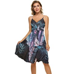 Cyberpunk Demon Samurai Sleeveless Tie Front Chiffon Dress