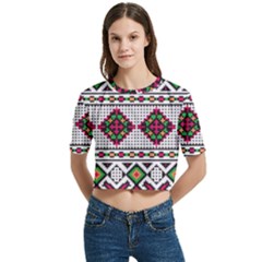 Ukrainian Folk Seamless Pattern Ethnic Ornament Border Element Traditional Women s Round Neck Short Sleeve Crop Top