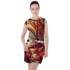 Forest Path Red Nature Drawstring Hooded Dress