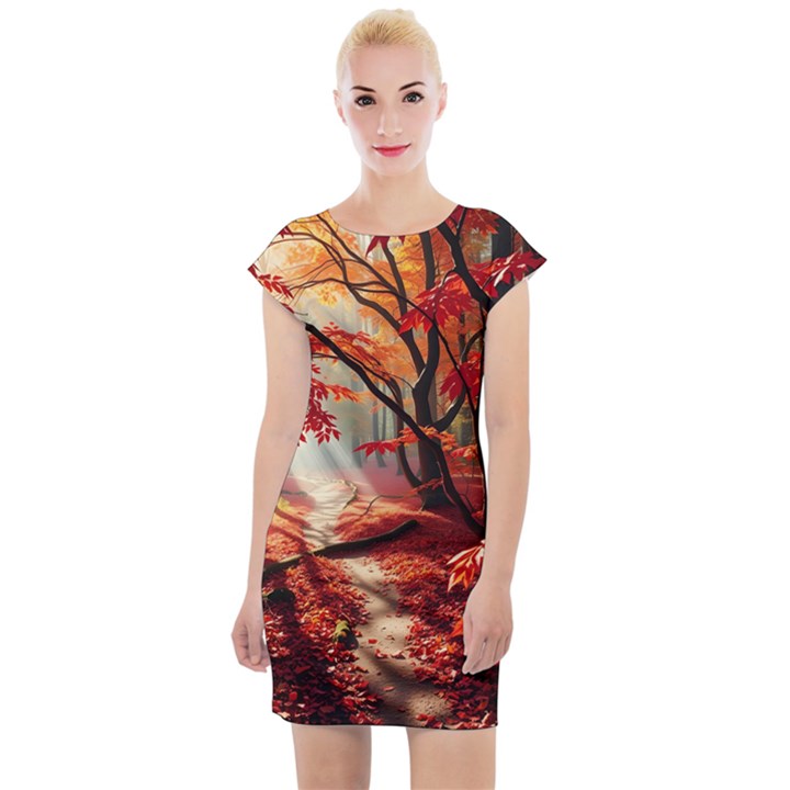 Forest Path Red Nature Cap Sleeve Bodycon Dress