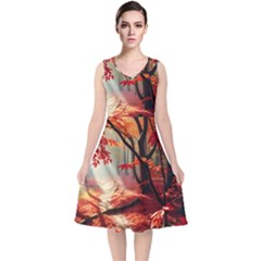 Forest Path Red Nature V-neck Midi Sleeveless Dress 