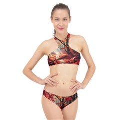 Forest Path Red Nature High Neck Bikini Set