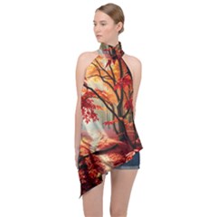 Forest Path Red Nature Halter Asymmetric Satin Top by Bedest