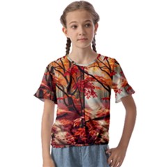 Forest Path Red Nature Kids  Cuff Sleeve Scrunch Bottom T-shirt