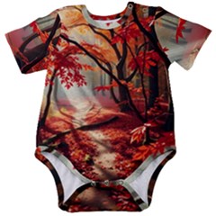 Forest Path Red Nature Baby Short Sleeve Bodysuit