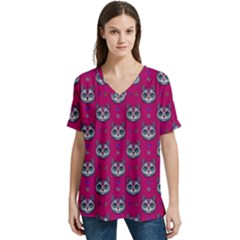 Calavera Cat Art Pattern V-neck Split Shoulder Casual T-shirt by ExtraGoodSauce