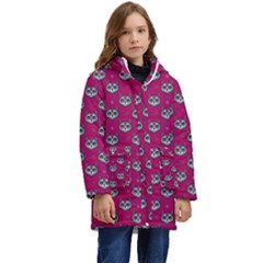 Calavera Cat Art Pattern Kids  Hooded Longline Puffer Jacket by ExtraGoodSauce