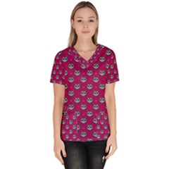 Calavera Cat Art Pattern Women s V-neck Scrub Top by ExtraGoodSauce