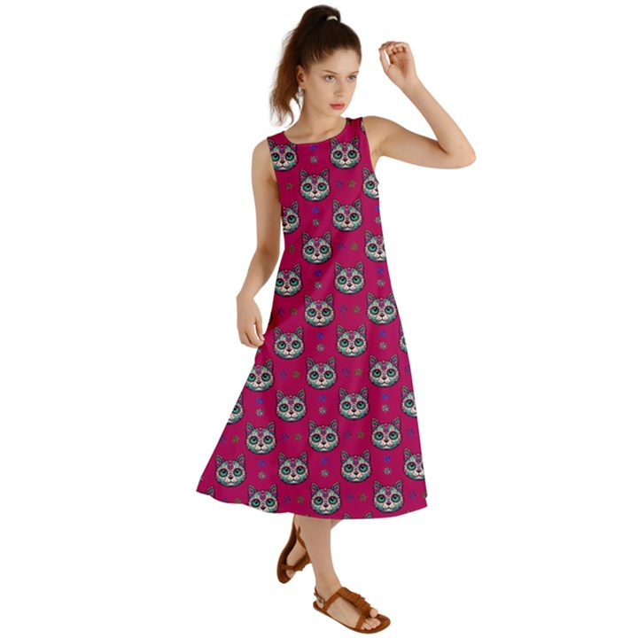 Calavera Cat Art Pattern Summer Maxi Dress