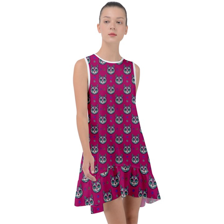 Calavera Cat Art Pattern Frill Swing Dress