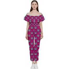 Calavera Cat Art Pattern Bardot Ruffle Jumpsuit