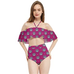 Calavera Cat Art Pattern Halter Flowy Bikini Set 