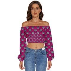 Calavera Cat Art Pattern Long Sleeve Crinkled Weave Crop Top by ExtraGoodSauce