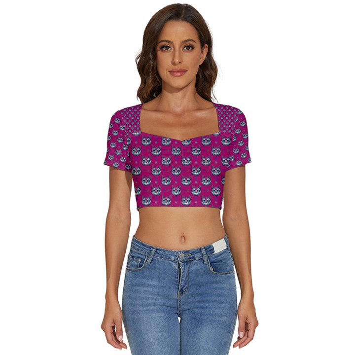 Calavera Cat Art Pattern Short Sleeve Square Neckline Crop Top 