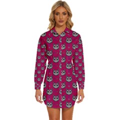 Calavera Cat Art Pattern Womens Long Sleeve Shirt Dress